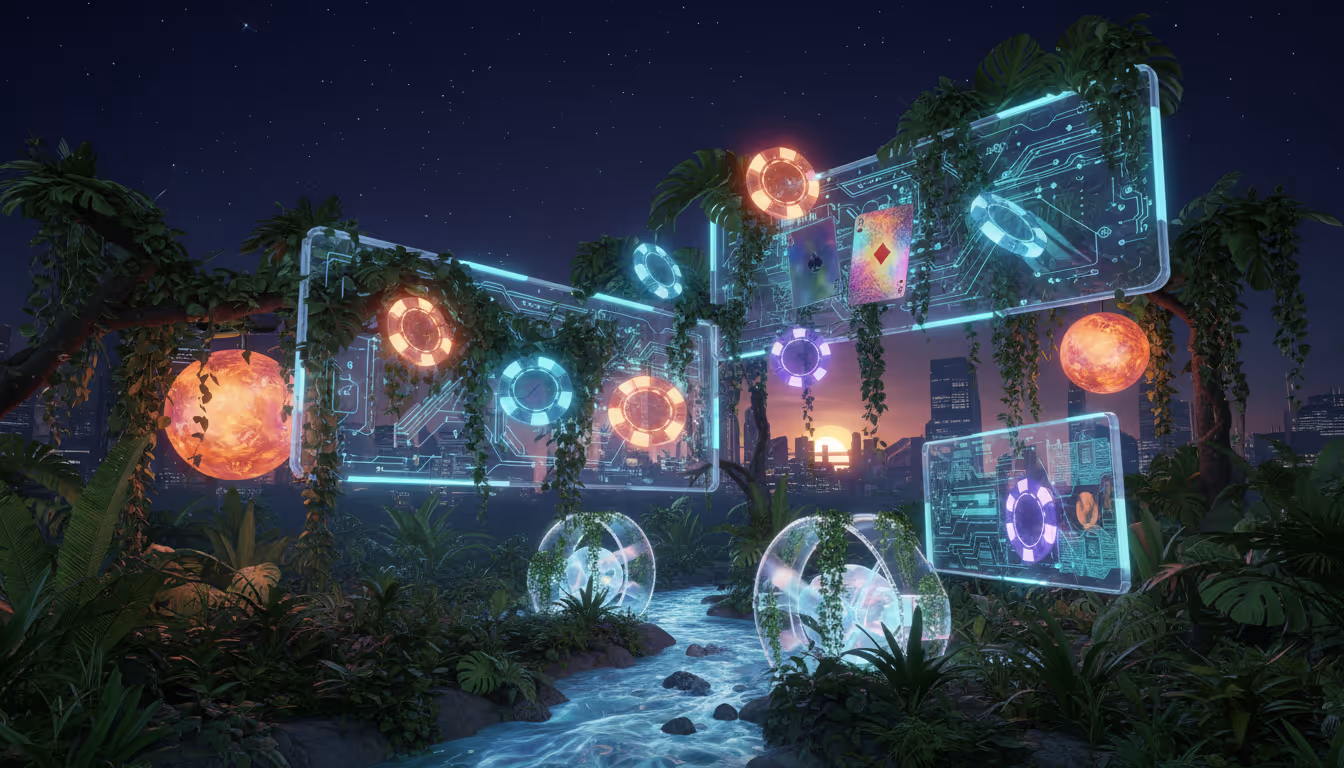 Interface de casino vert vibrante avec des symboles écologiques et des rouleaux en rotation