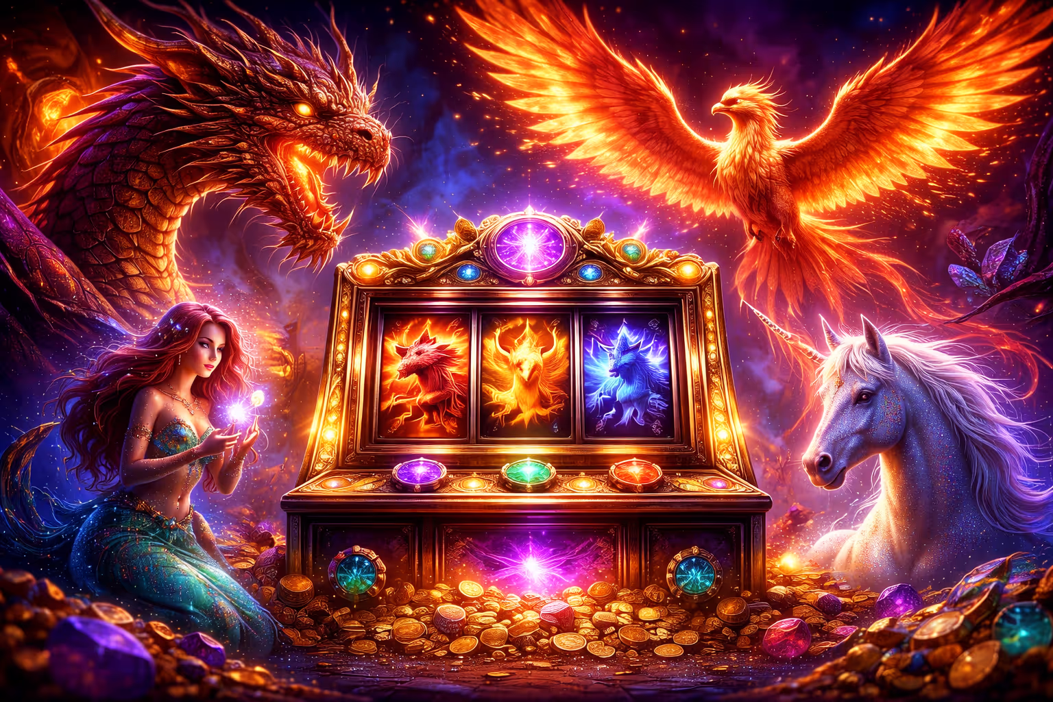 Epischer Drache und Phönix im Kampf auf einer mythischen Slot-Walze